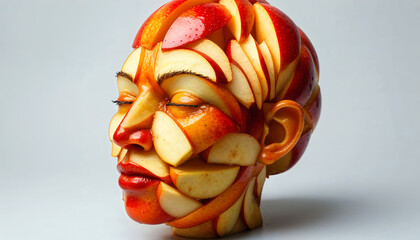 Intricate sculpture crafted from apples, depicting a human face with vibrant colors and textures, showcasing creativity in food art.