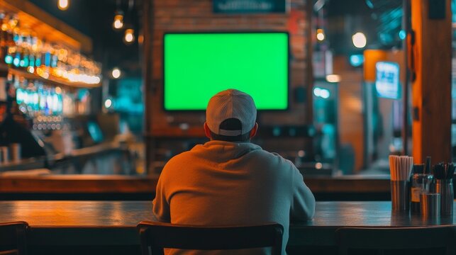 person from behind watching tv with green screen in a bar - Powered by Adobe