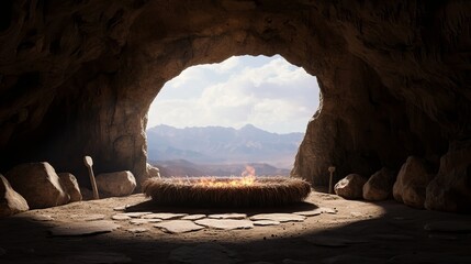 A serene cave interior with a glowing fire pit, surrounded by stones and a view of the mountains outside.