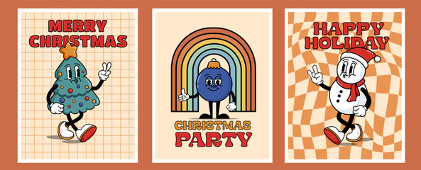 Set of cool retro cards with characters. Cool hippie Christmas.Cool and bright greeting card,Merry Christmas,Christmas party, happy holiday poster, print, party invitation, background.