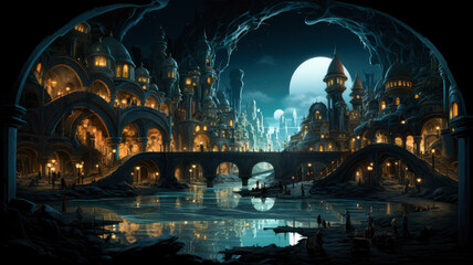 Fantasy Underground City Illuminated by Moonlight
