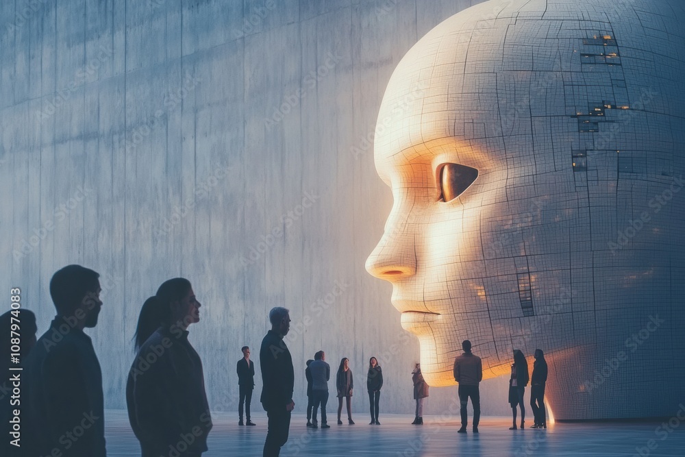 Fototapete a diverse group gathers around a large abstract ai system, engaged in discussions about technology a