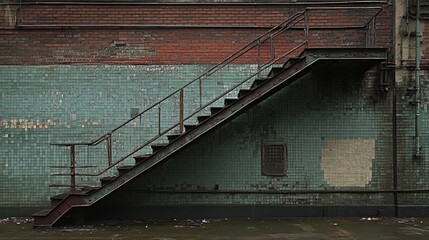 Fototapeta premium Rusty metal fire escape against weathered brick wall.