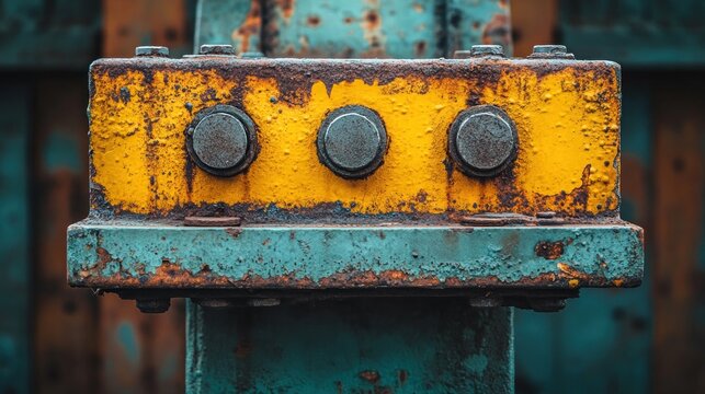 Rusty metal plate with bolts and yellow paint.