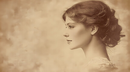 A vintage portrait capturing the elegant profile of a woman, showcasing her beauty and timeless charm in soft sepia tones. Vintage Sepia Portrait. Illustration