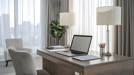 A modern office setup featuring a laptop, desk, and decorative elements.