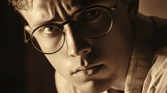 A man in glasses looks intently at the camera, his serious expression emphasizing his focused gaze. Vintage Sepia Portrait. Illustration