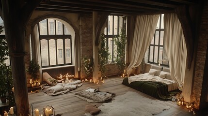 A cozy, serene bedroom with natural light, plants, and candles for relaxation.