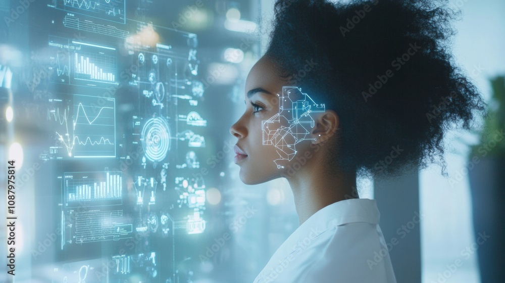 Leinwandbilder a person interacts with a mirror displaying real-time analysis and ai-based recommendations for hair