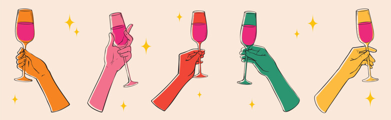 Collection of hands with glasses. Flat hand drawn set of hands holding drink cocktails, wine, champagne. celebration concept, birthday, party Christmas