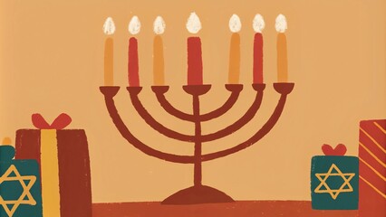 Colorful hanukkah celebration with menorah and gift boxes illustration
