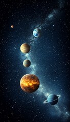 A stunning illustration of planets in the solar system against a backdrop of the starry universe.
