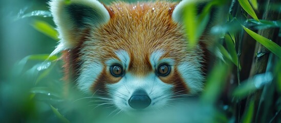 Obraz premium Red Panda Peeking Through Lush Foliage