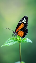 A vibrant butterfly perched delicately on a green leaf, showcasing intricate patterns and colors against a soft blurred background.