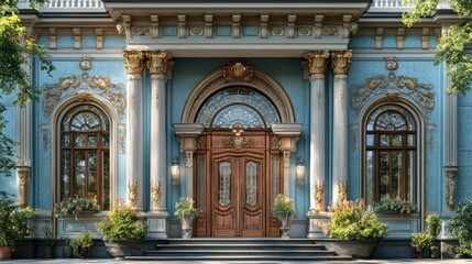 Fototapeta premium Elegant entrance of a classic architectural building with ornate details.