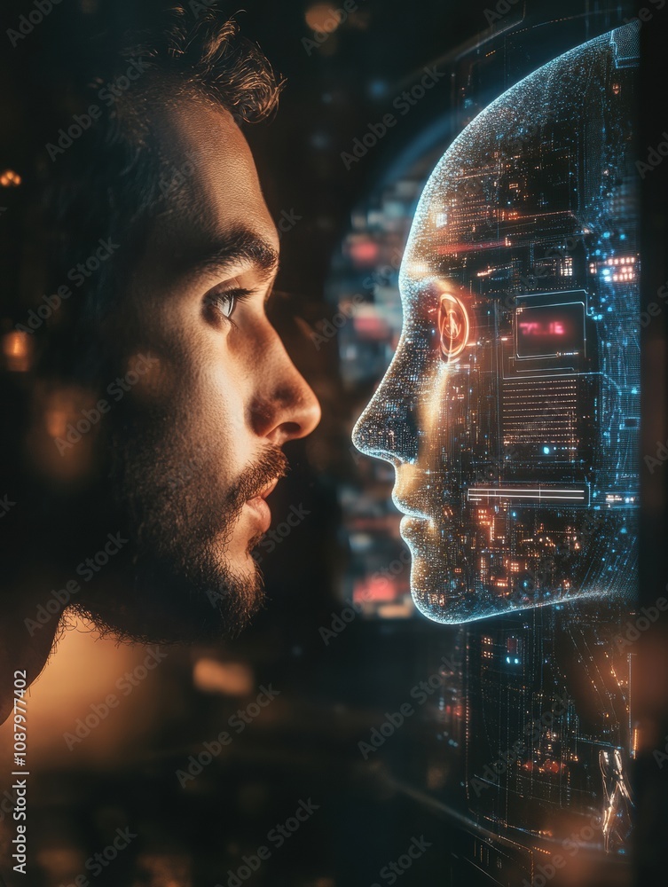 Poster A human studies their reflection in a digital mirror that displays a lifelike robot, highlighting the blend of real and artificial intelligence. Generative AI