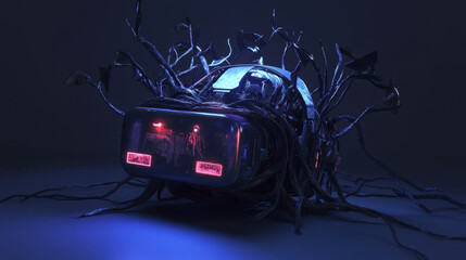 Prey to Fraud. A futuristic headset surrounded by dark, intertwining roots, illuminated by soft blue and red lights, suggesting a blend of technology and nature.
