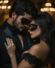 A man and woman are embracing each other in a black suit and gown