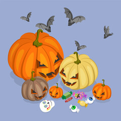 3D Isometric Flat Vector Illustration of Halloween Season, Spooky Pumpkins, Bats, And Festive Treats
