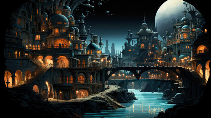 Moonlit Fantasy Village with Bridge and River
