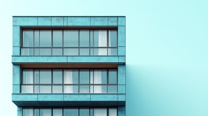 Obraz premium Modern building facade with large windows against a pastel background.