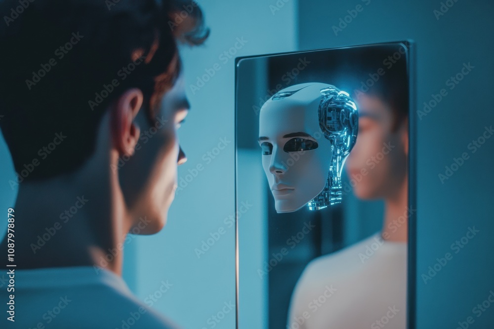 Poster in a modern room, a person gazes into a digital mirror that shows a robotic face, blending humanity 