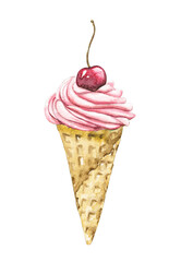 Pink ice cream in waffle cone and berry cherry isolated on white background. Watercolor hand drawn illustration