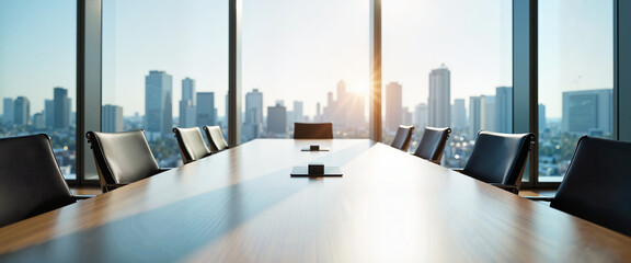 Obraz na płótnie Canvas Modern boardroom with city skyline view, corporate success