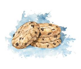 Stack of  homemade chocolate chip cookies isolated on blue shadow stain background. Watercolor hand drawn illustration