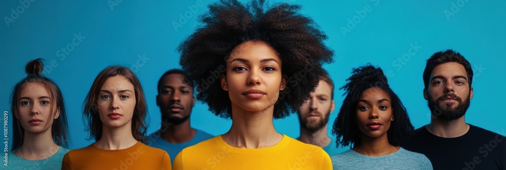 Poster a diverse group of people poses together, showcasing unity in front of an abstract representation of