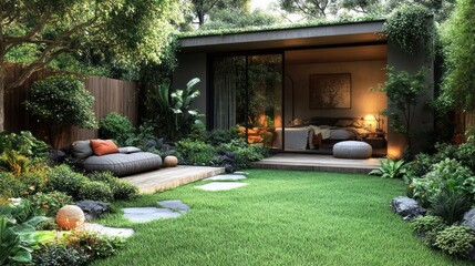 Obraz premium Serene garden with modern home and lush greenery.