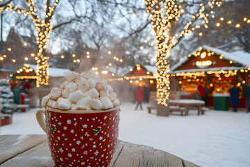 Cup of hot chocolate or mug of cocoa with small marshmallows against traditional winter christmas market. City street in fair atmosphere. New Year holidays and Xmas concept for banner, poster, card