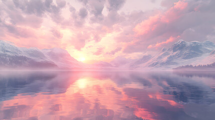 Fototapeta premium Transcendent Pink Sunrise Reflection Over Serene Mountain Lake Landscape
