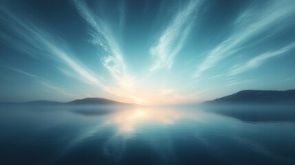 Fototapeta premium Serene sunrise over calm water and misty hills.