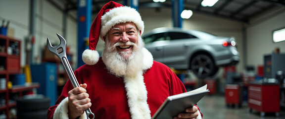 Santa Claus stands in a car repair workshop, holding a wrench while smiling warmly. A car is lifted in the background, creating a unique blend of Christmas and automotive themes.

