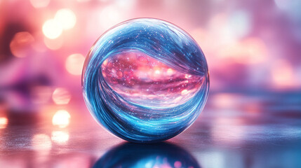 transparent glass sphere with blue and purple lines reflecting light, symbolizing clarity, transformation, and innovation, surrounded by a futuristic aura of modern technology and abstract design