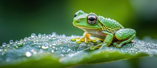 Fototapeta premium A Green Tree Frog Perched on a Dew-Covered Leaf