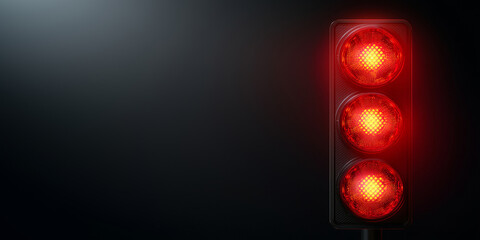 Red light traffic signal glowing brightly against dark background, indicating stop. vibrant red lights create striking visual contrast, emphasizing safety and caution