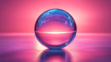 transparent glass sphere with blue and purple lines reflecting light, symbolizing clarity, transformation, and innovation, surrounded by a futuristic aura of modern technology and abstract design