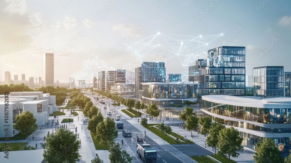 Poster this smart city features modern buildings linked by an ai network, highlighting urban innovation wit