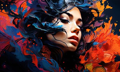 Naklejka premium Enigmatic portrayal of woman with expressive features and rich color palette. Intertwining elements create visually stunning piece, perfect for contemporary art, advertising, creative pursuits.