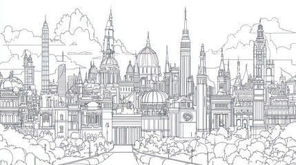 Obraz premium Architectural Skyline: A Panoramic Sketch of Iconic Buildings