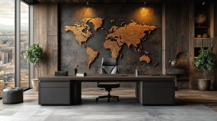 Modern luxury office interior with a large world map on the wall, overlooking a city skyline.