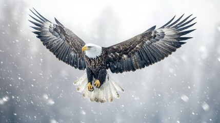 Obraz premium Majestic Bald Eagle Soaring Through Snowy Sky