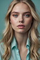 Fresh, Modern Portrait of Blonde Woman with Soft Blue Eyes and Tousled Hair