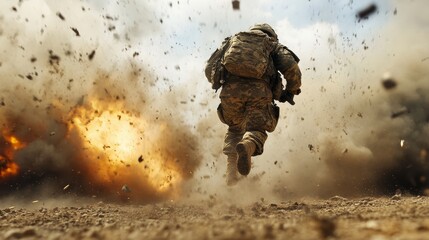 a soldier running from explosions on a modern battlefield 