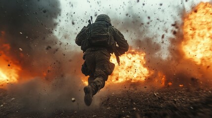 a soldier running from explosions on a modern battlefield 