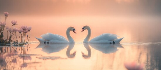 Two Swans Forming a Heart at Sunrise