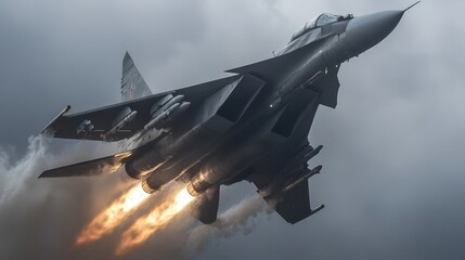 dynamic scene of a fighter jet in the heat of aerial combat