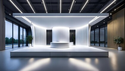 Obraz premium a spacious minimalist booth stand with white aesthetics clean lines and soft lighting evoking modernity and simplicity